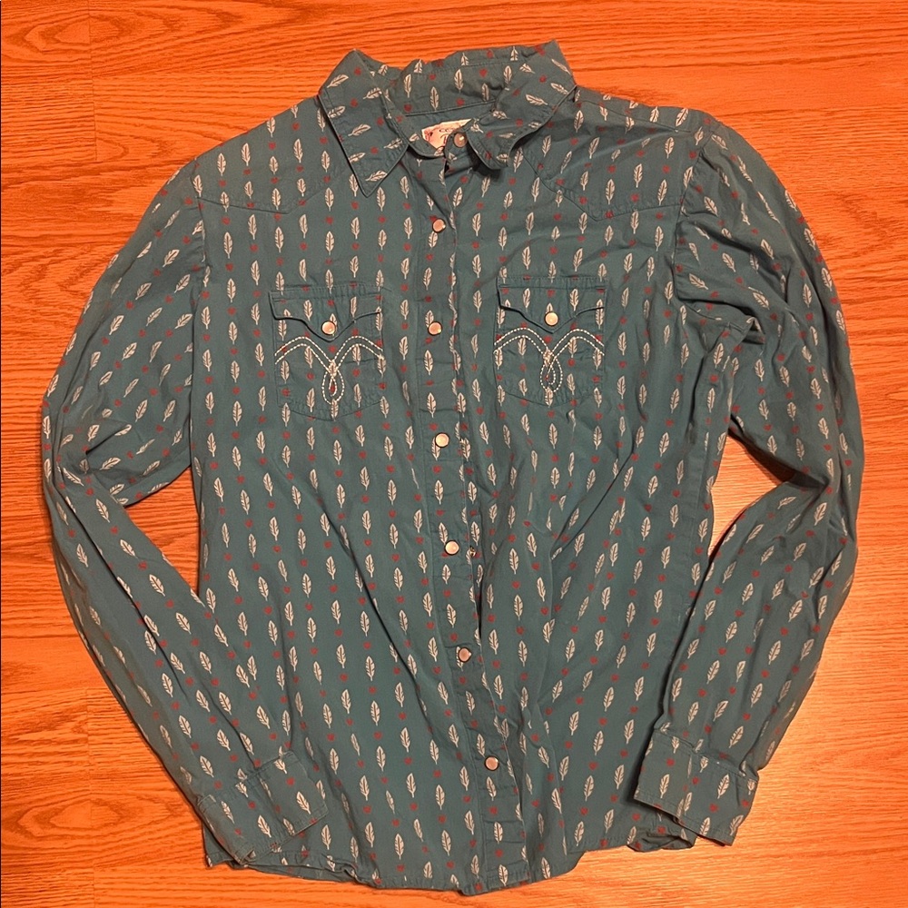 Girls Teal Feather Print Button down Shirt